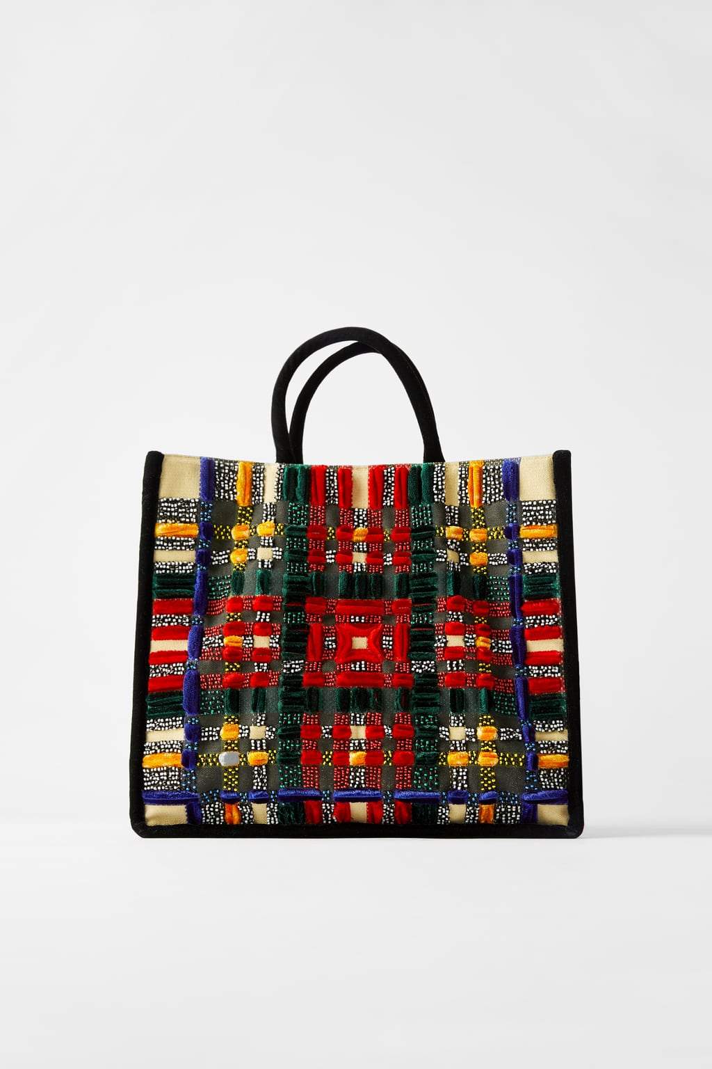 ZARA  MULTICOLOURED CANVAS AND VELVET TOTE BAG